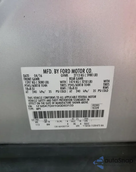 2016 Ford Explorer Xlt from USA, damaged, VIN 1FM5K7DH1GGD03133